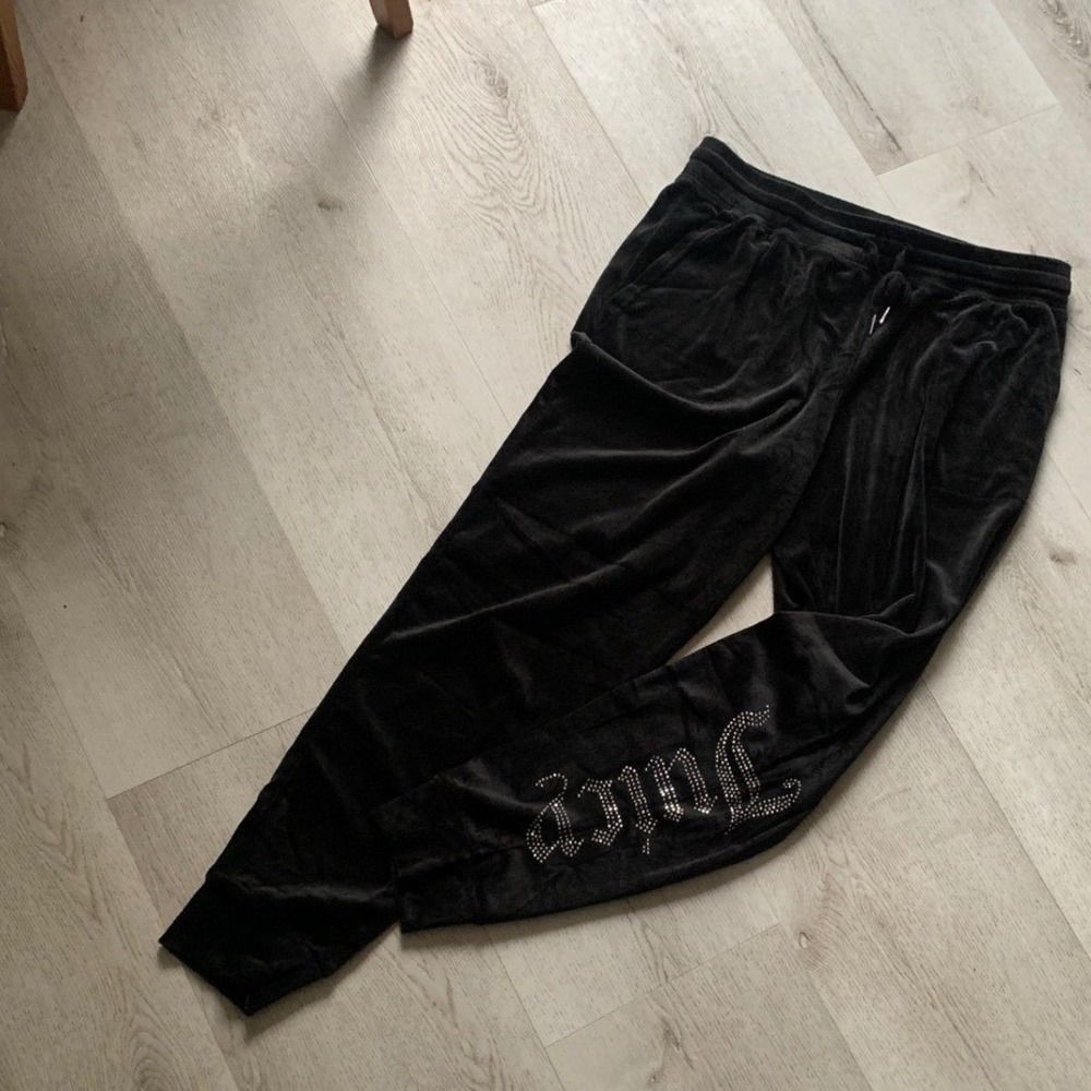 Juicy Couture Black Velour Joggers sleepwear black sz L rhinestone pockets y2K
